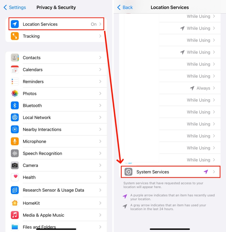 system services on iPhone