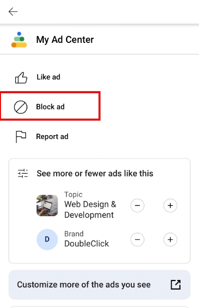 choose block ad button to block a certain ad on YouTube