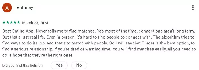 Tinder customer reviews from Anthony