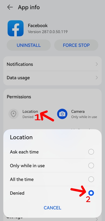 turn off Facebook location service on phone settings