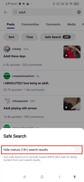 turn off Safe Search on Reddit