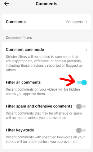 turn on TikTok filter comments