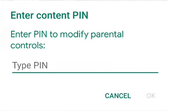 digite O PIN para configurar o controle parental do Google Play no tablet Android