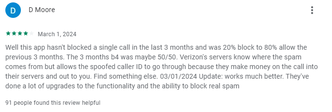 Verizon Call Filter user review
