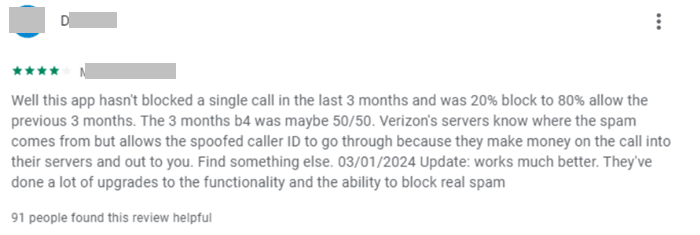 Đánh giá người dùng Verizon Call Filter