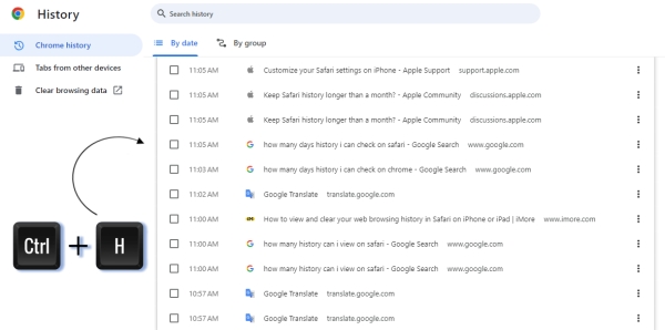 view Chrome browser history through keyboard shortcuts