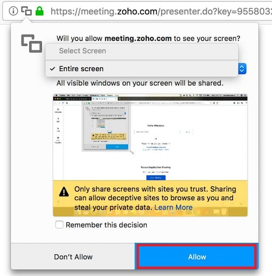 Zoho Meeting Share Screen Firefox