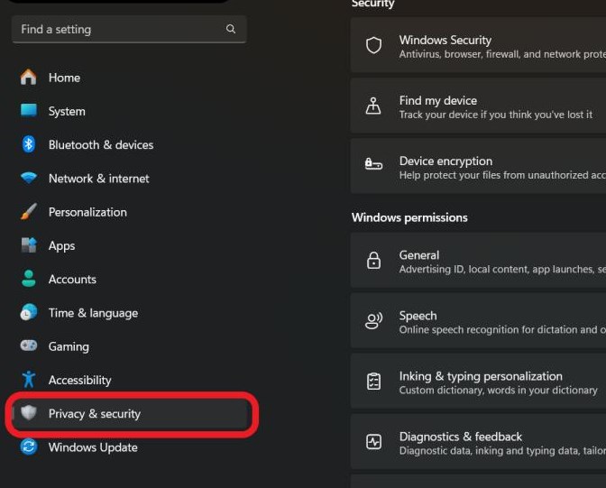 Privacy and Security settings on Windows