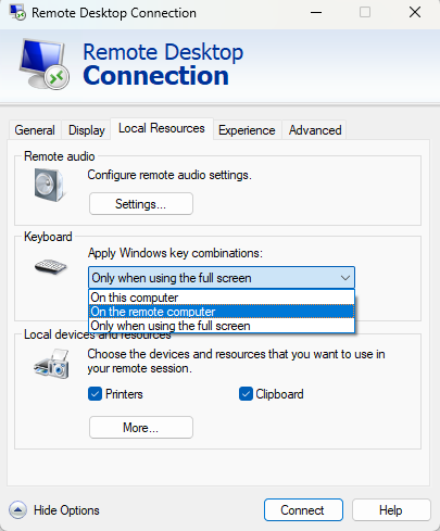 allow key combination on remote desktop
