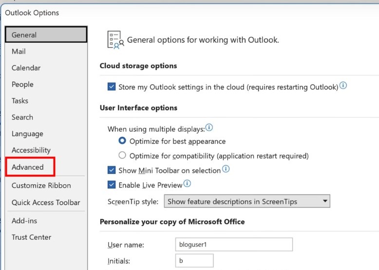 Advanced in Outlook Options