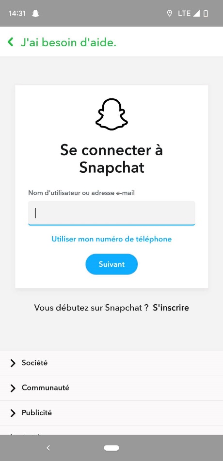Connexion du compte Snapchat dans le portail des comptes avant de le supprimer