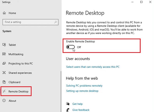 enable Remote Desktop