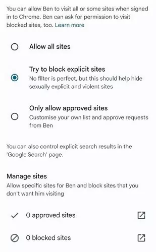 siti gestiti su Family Link