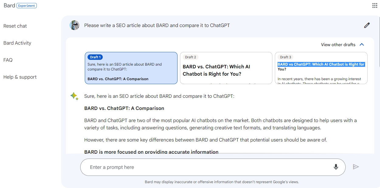 Google Bard chatbot AI example