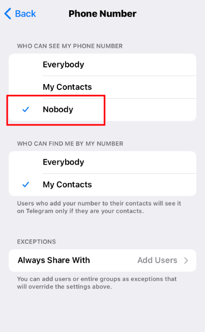 how to hide my phone number on Telegram