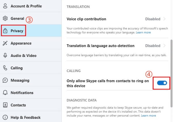 only allow Skype calls from contacts