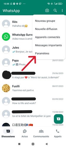 Paramètres sur WhatsApp