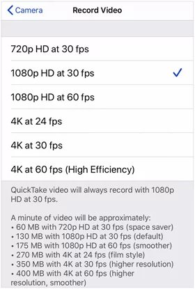 record video settings on iphone