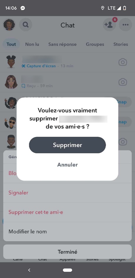 Suppression d'un ami sur Snapchat