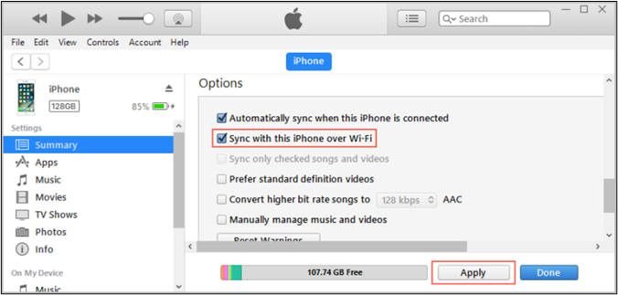 sync with this iphone over wifi