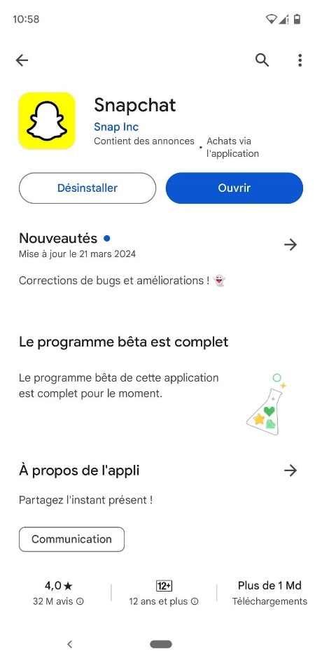 Télécharger Snapchat dans Play Store