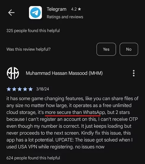 Telegram user review