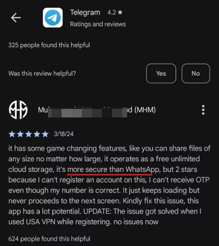 Telegram user review