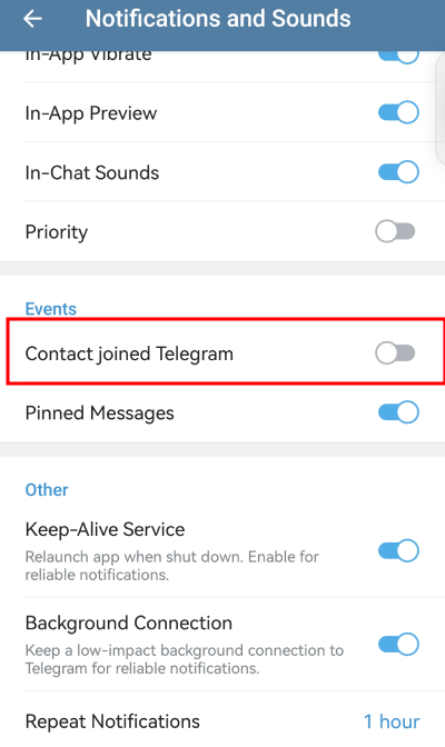 turn off contact joined telegram button to stop notifications