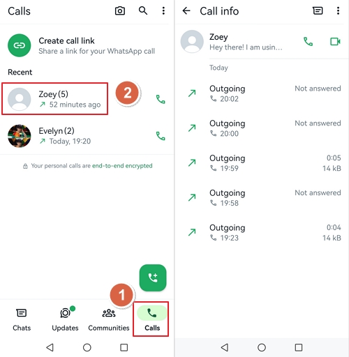 WhatsApp call history on Android