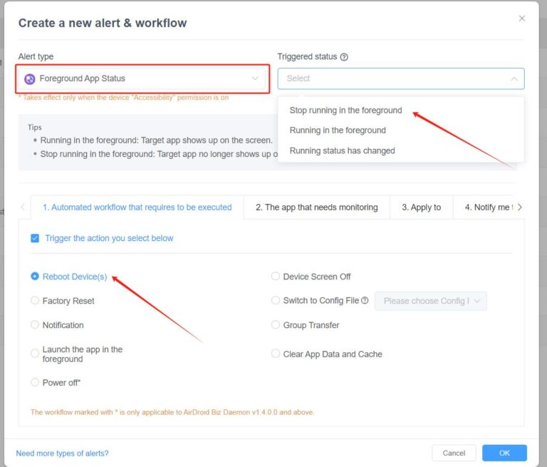 Automatic workflow and alert after the foreground app stops