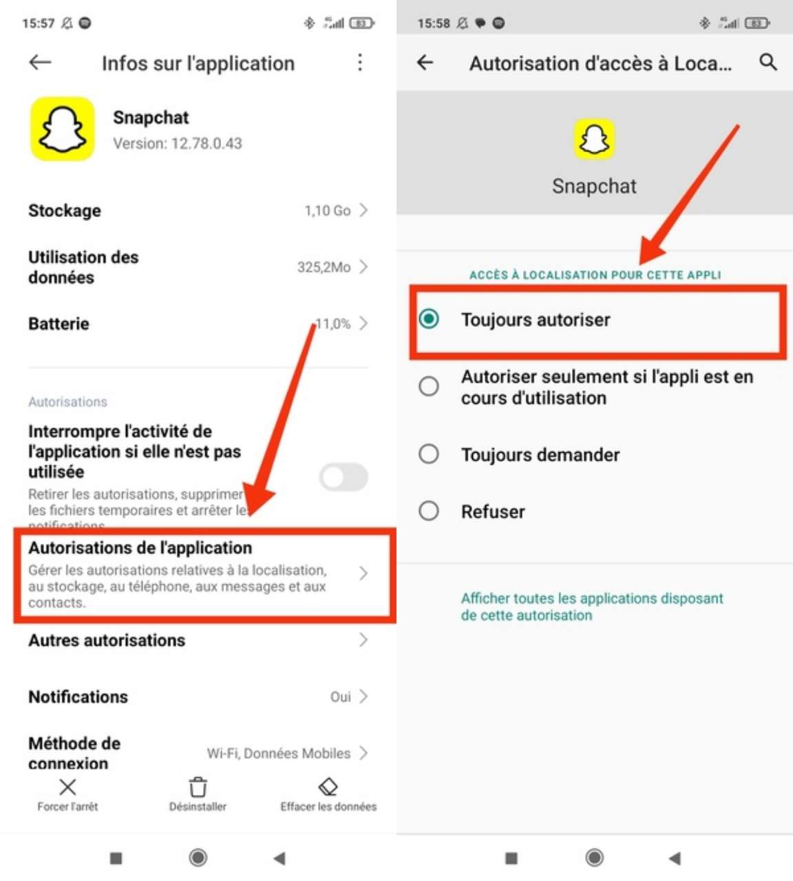 Accorder l'autorisation de localisation à Snapchat