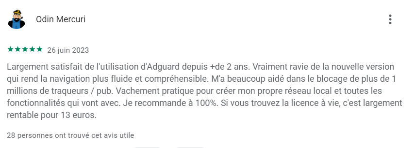 Avis d'utilisateur sur AdGuard