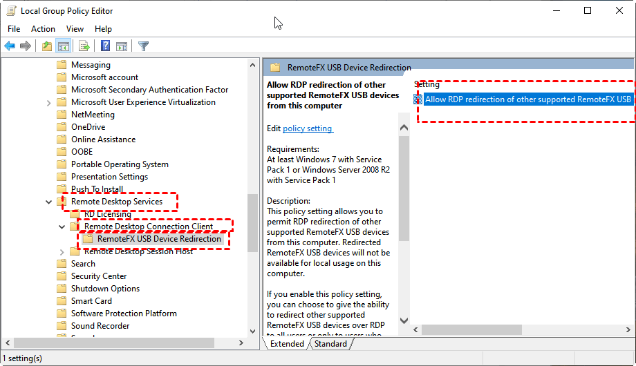 allow rdp redirection local device