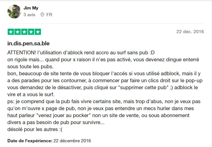 Avis d'utilisateur sur Adblock Plus