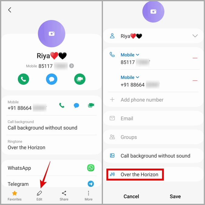 click ringtone icon on contact