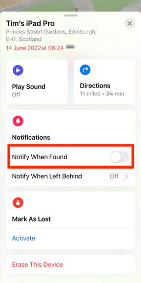 enable iPad notify when found