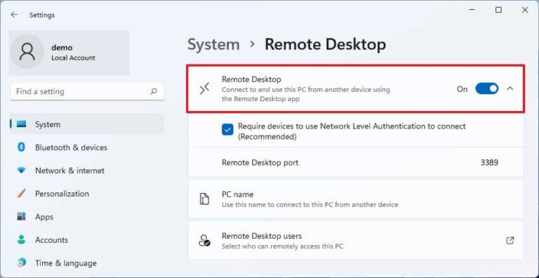 enable remote desktop on server side