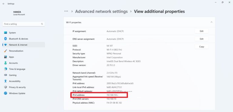 find IP address in network settings