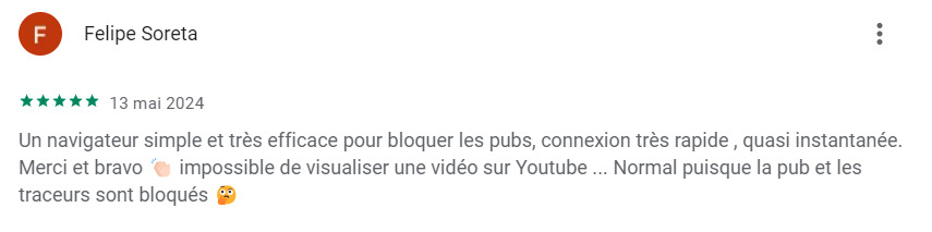 Avis d’utilisateur sur Navigateur Adblocker