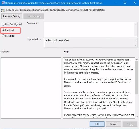 Network Level Authentication Enabled