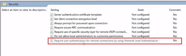 Network Level Authentication Policy