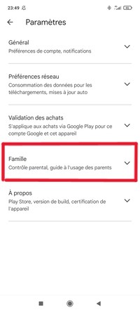 Google Play Paramètres Famille
