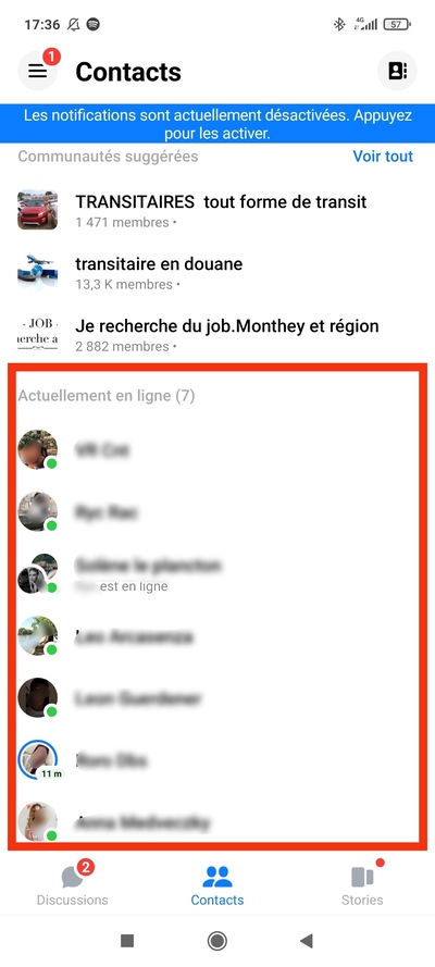 Personnes connectées sur Messenger