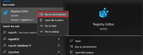 Registry Editor Run as administrator