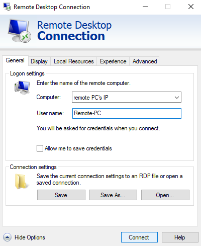 save remote desktop settings and connect