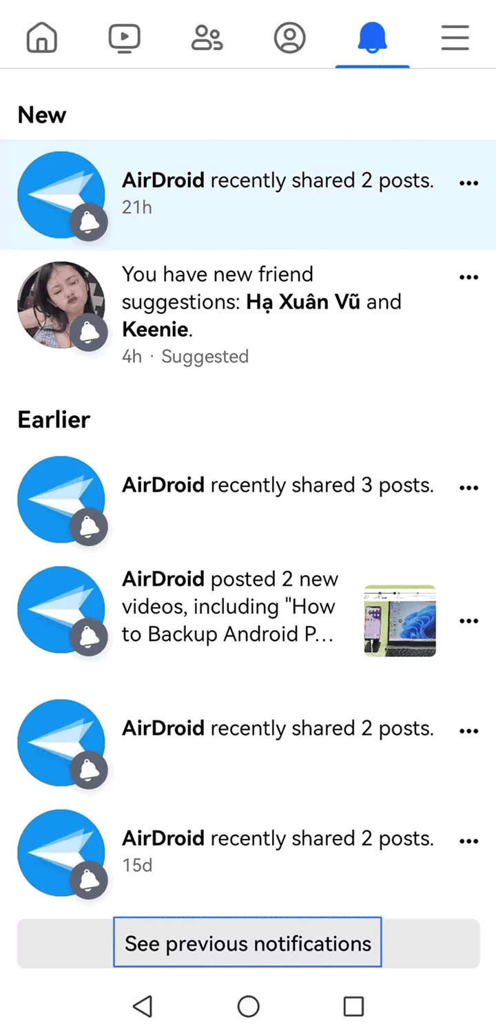 See previous notifications on Facebook Android app