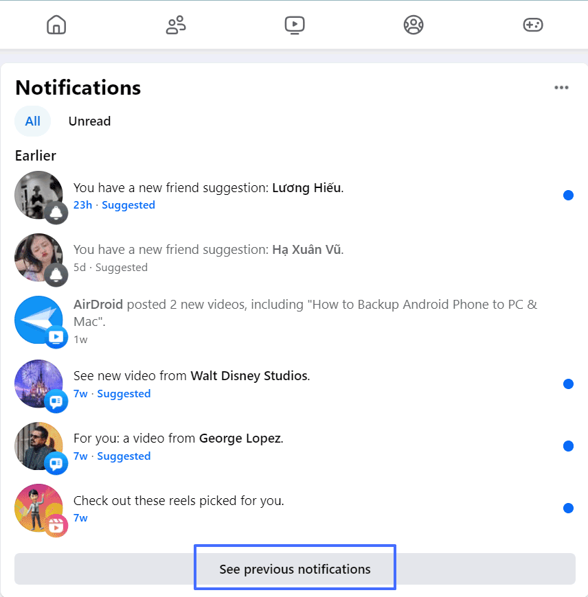 See previous notifications Facebook web