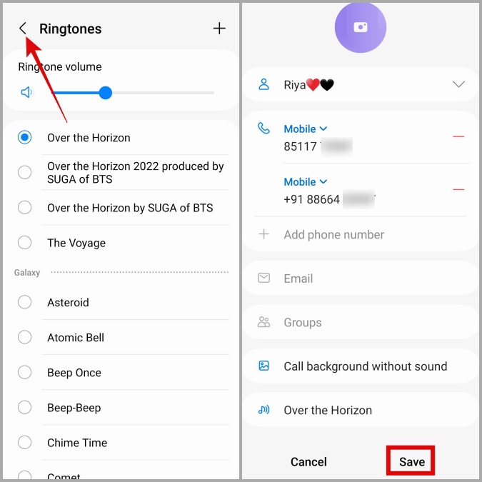 select custom ringtone for a contact