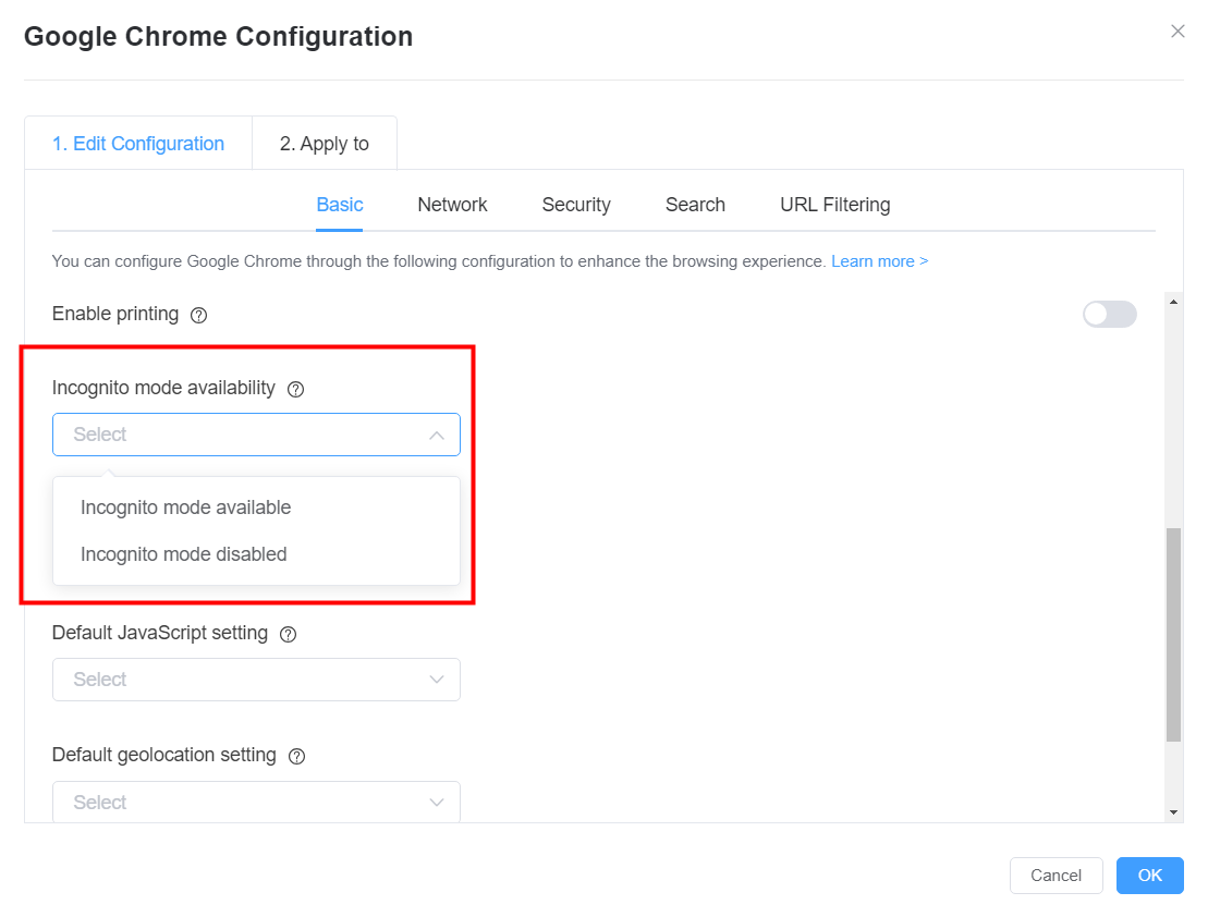 setup incognito mode available or disabled using mdm 1