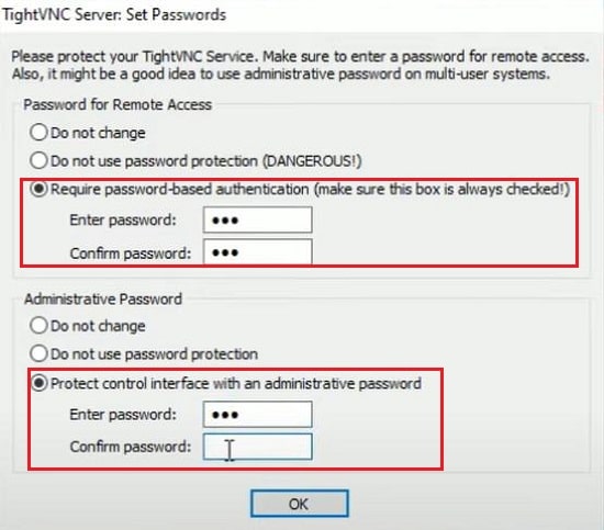 TightVNC Set Passwords